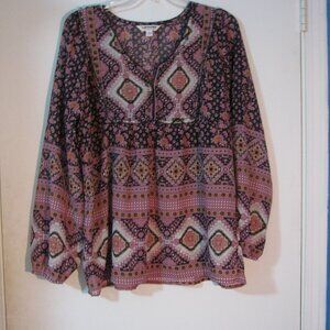 Tantrums Boho Blouse Large Beading Floral Geometric Semi Sheer Long Sleeve Exc